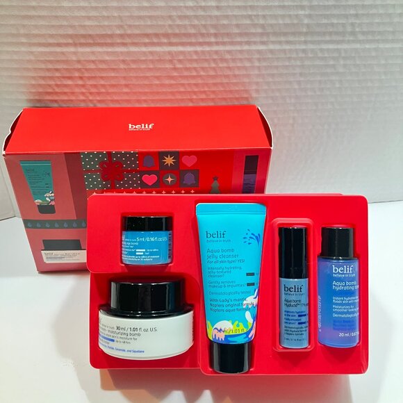 belif Moisture Glow Holiday 5pc Set Aqua Bomb Eye Toner Cream Serum NIB - Picture 2 of 3